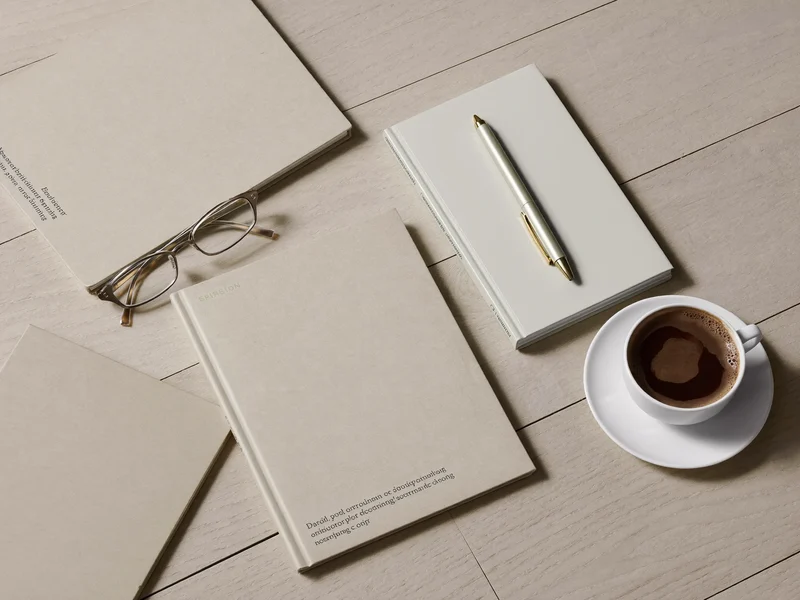 Illustration de manuels, cahier, stylo et café posés à plat sur une table claire