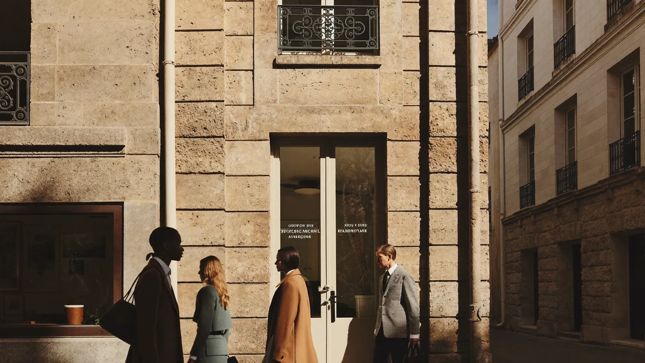 Illustration d'une rue de Montpellier en pierre claire, porte de salle de cours, lumière dorée